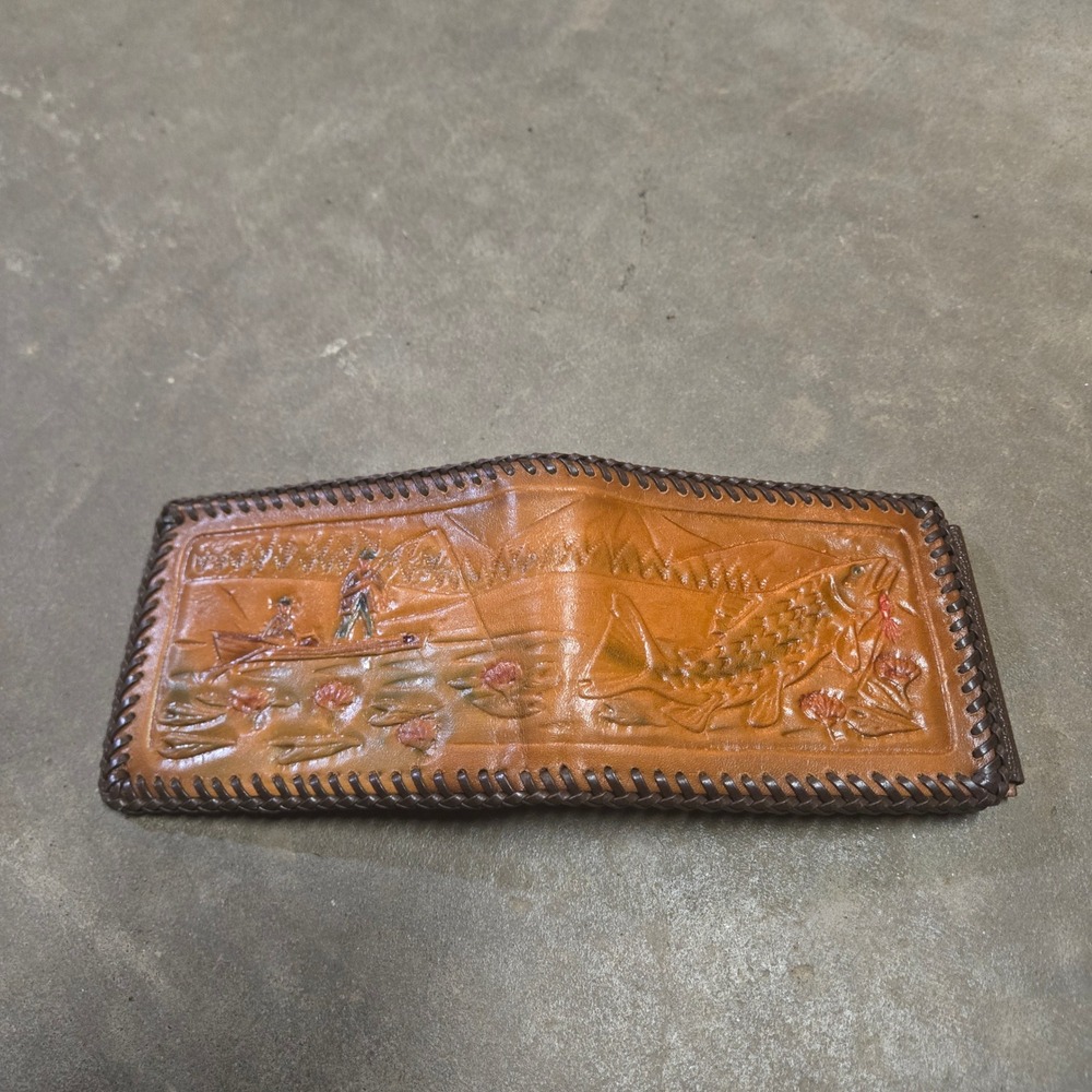 Vintage Hand Tooled Leather Wallet Mens Brown Fishing Outdoors Bifold